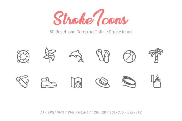50 Beach Camping Outline Stroke Icons for Graphics and Digital Products