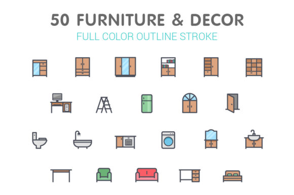 50 Furniture Decor Full-Color Icon: A Versatile Graphic Design Asset for Content Creators