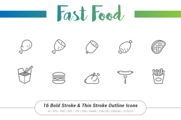 Fast Food Outline Stroke Icons: A Versatile Graphic Design Asset for Marketers