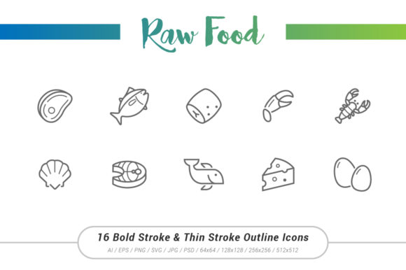 Raw Food Outline Stroke Icons for Handmade Creations